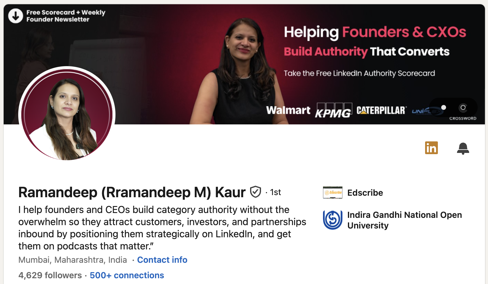 Ramandeep Kaur's LinkedIn profile — Helping Founders & CXOs Build Authority That Converts